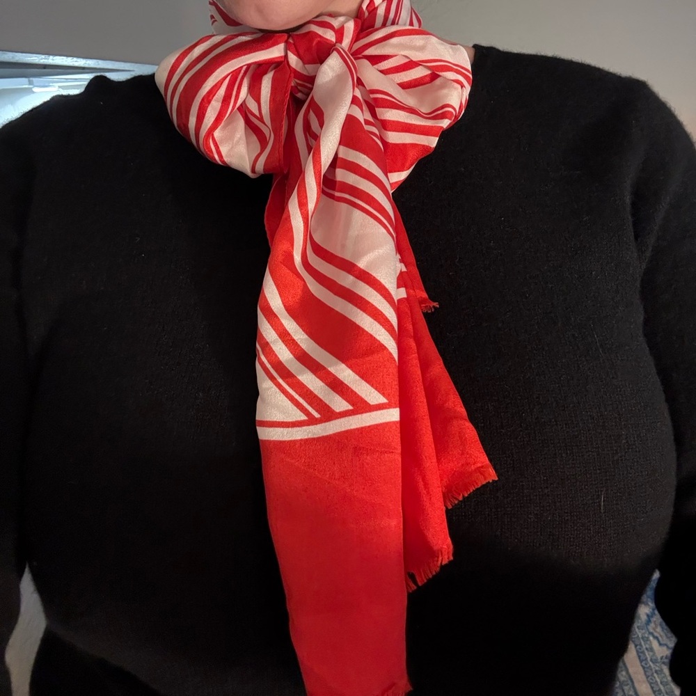 VINTAGE Anne Klein Silk Candy Cane Red and White Striped Scarf Christmas